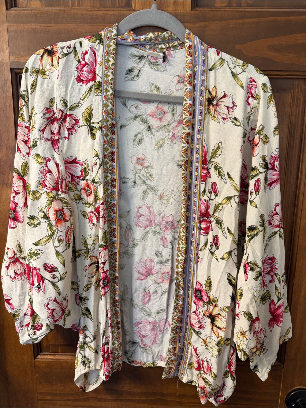 Floral Open-Front Kimono Cardigan - White with Pink Floral